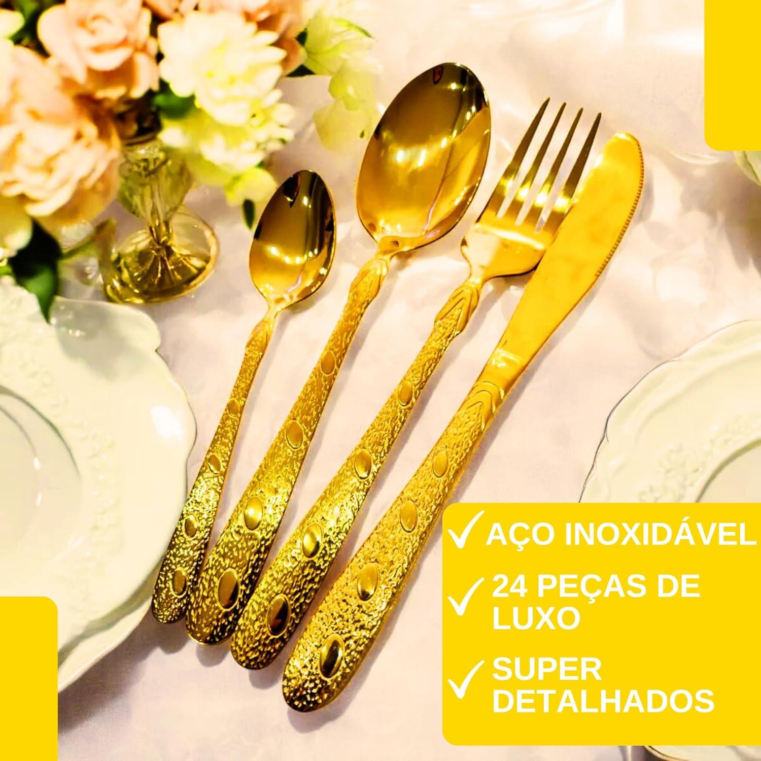 Faqueiro de Luxo Talheres dourado cabo desenhado 24pc